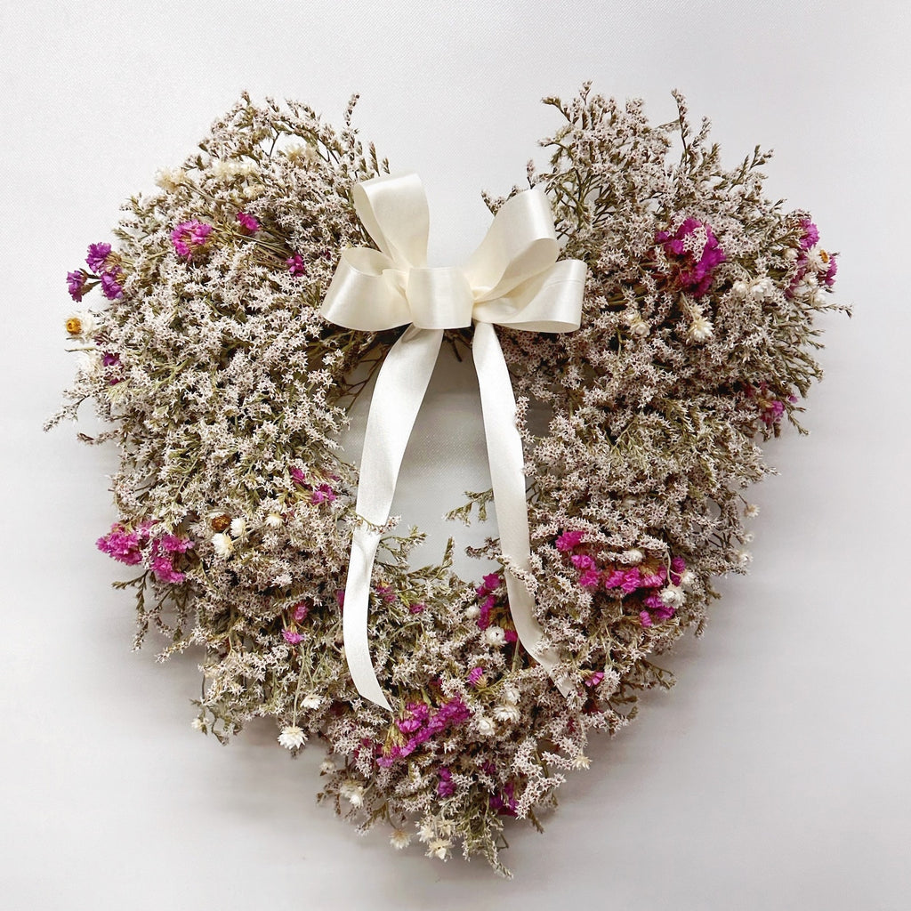 Dried Flower Heart Wreath “Ivory Satin Bow” – 20 in