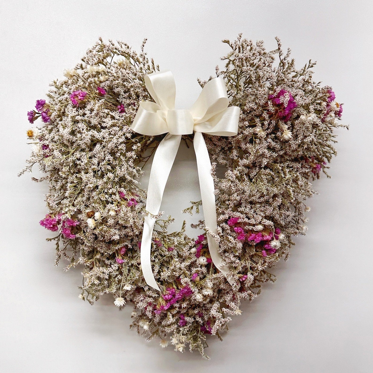 Dried Flower Heart Wreath “Ivory Satin Bow” – 20 in