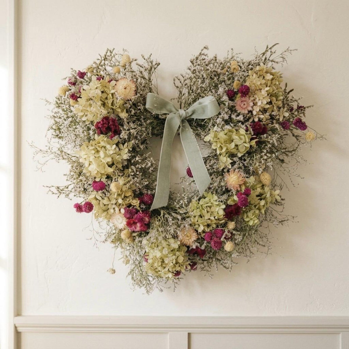 Dried Flower Heart Wreath “Plum & Hydrangea” – 20 in